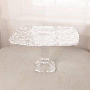Vintage LE Smith Large Square Clear Glass Trellis Cake Stand Spring Decor